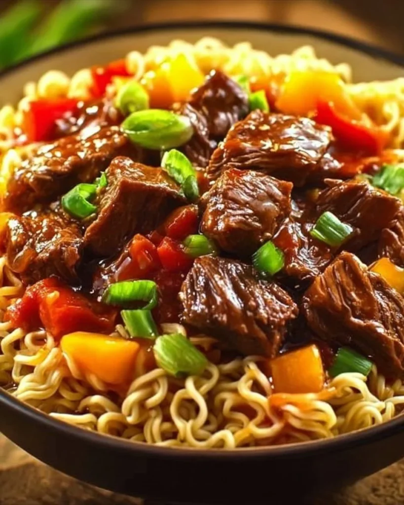 Slow Cooker Beef Ramen Noodles dish with tender beef and flavorful broth.