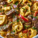 Creamy cheesesteak tortellini prepared in a slow cooker for busy families
