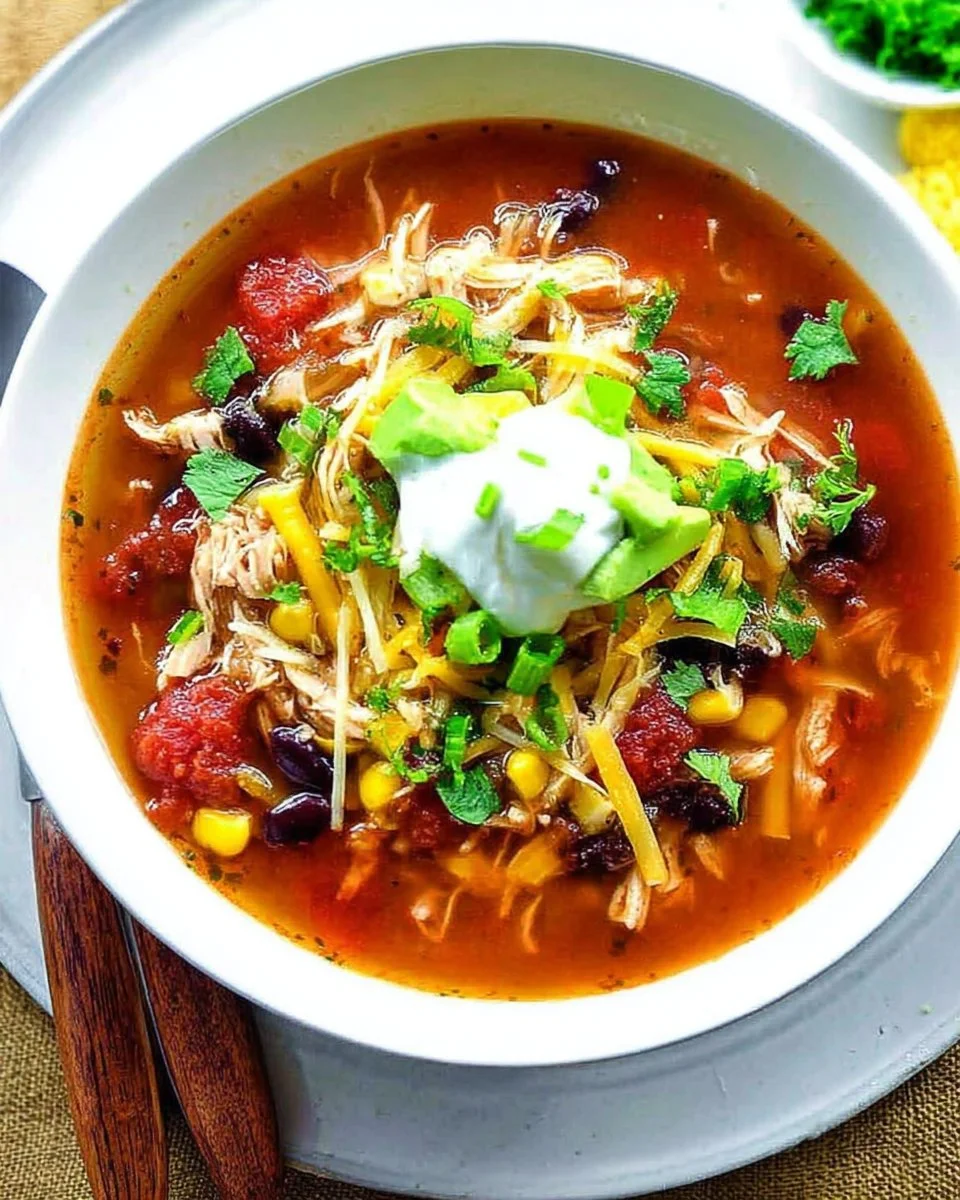 Slow cooker chicken enchilada soup topped with cheese and cilantro in a bowl