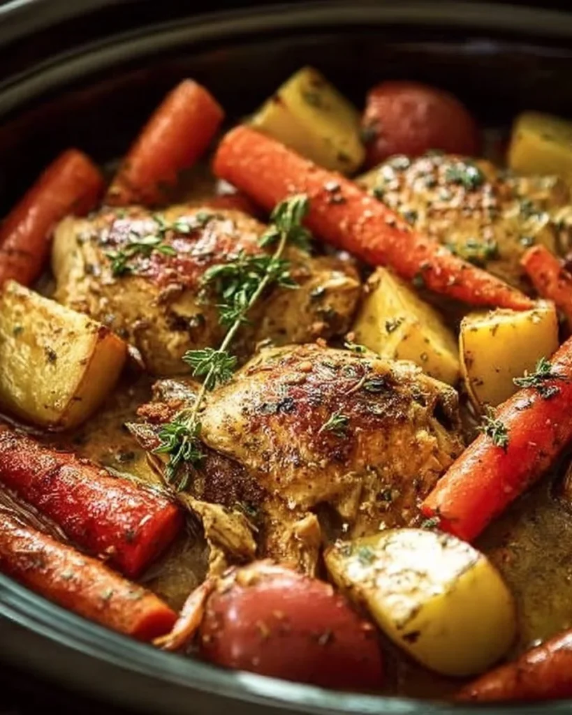 Delicious slow cooker garlic butter chicken served with colorful veggies