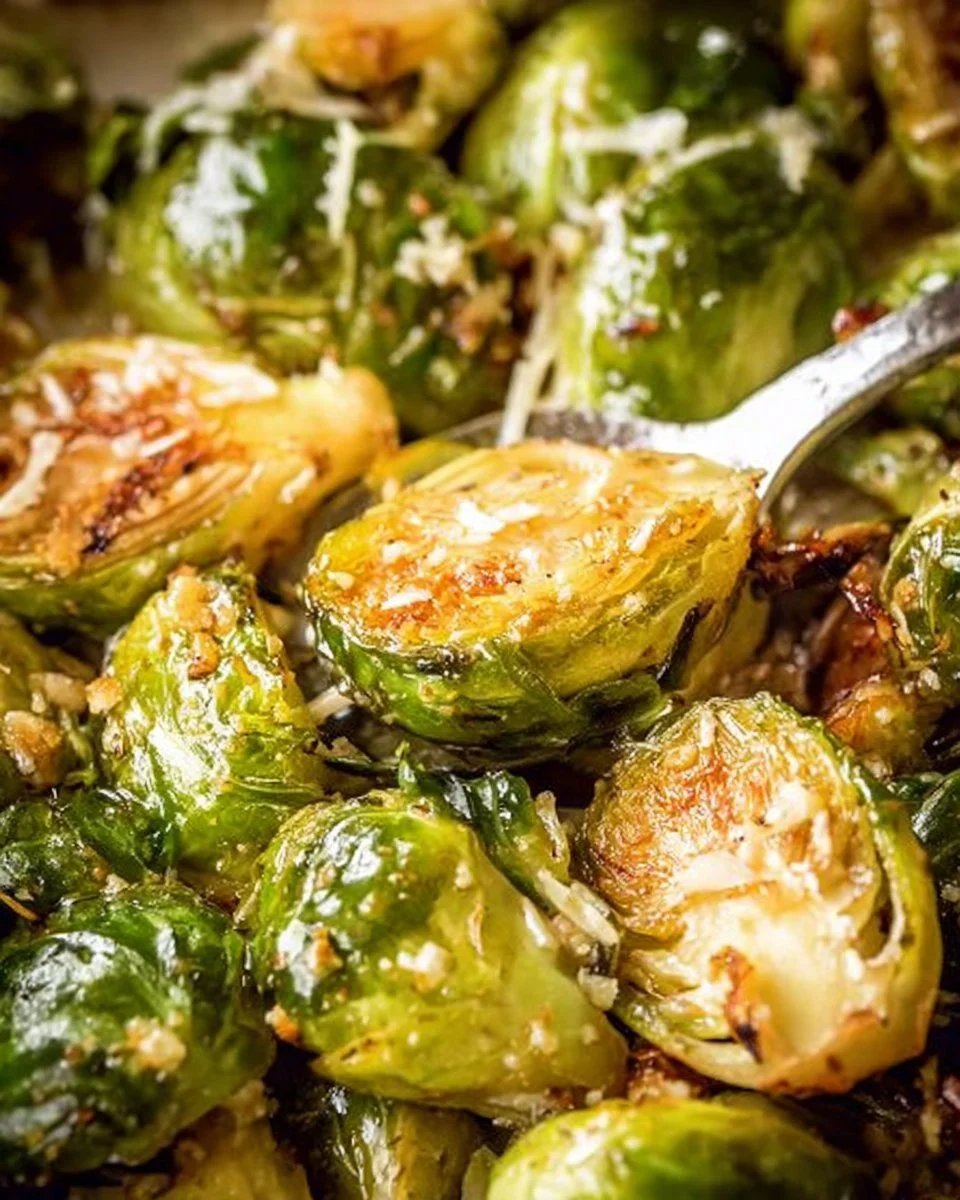 Slow Cooker Parmesan Brussels Sprouts in a creamy sauce, served in a bowl