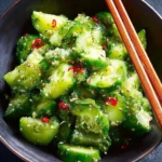 Smashed cucumber salad with fresh herbs and vinaigrette in a bowl