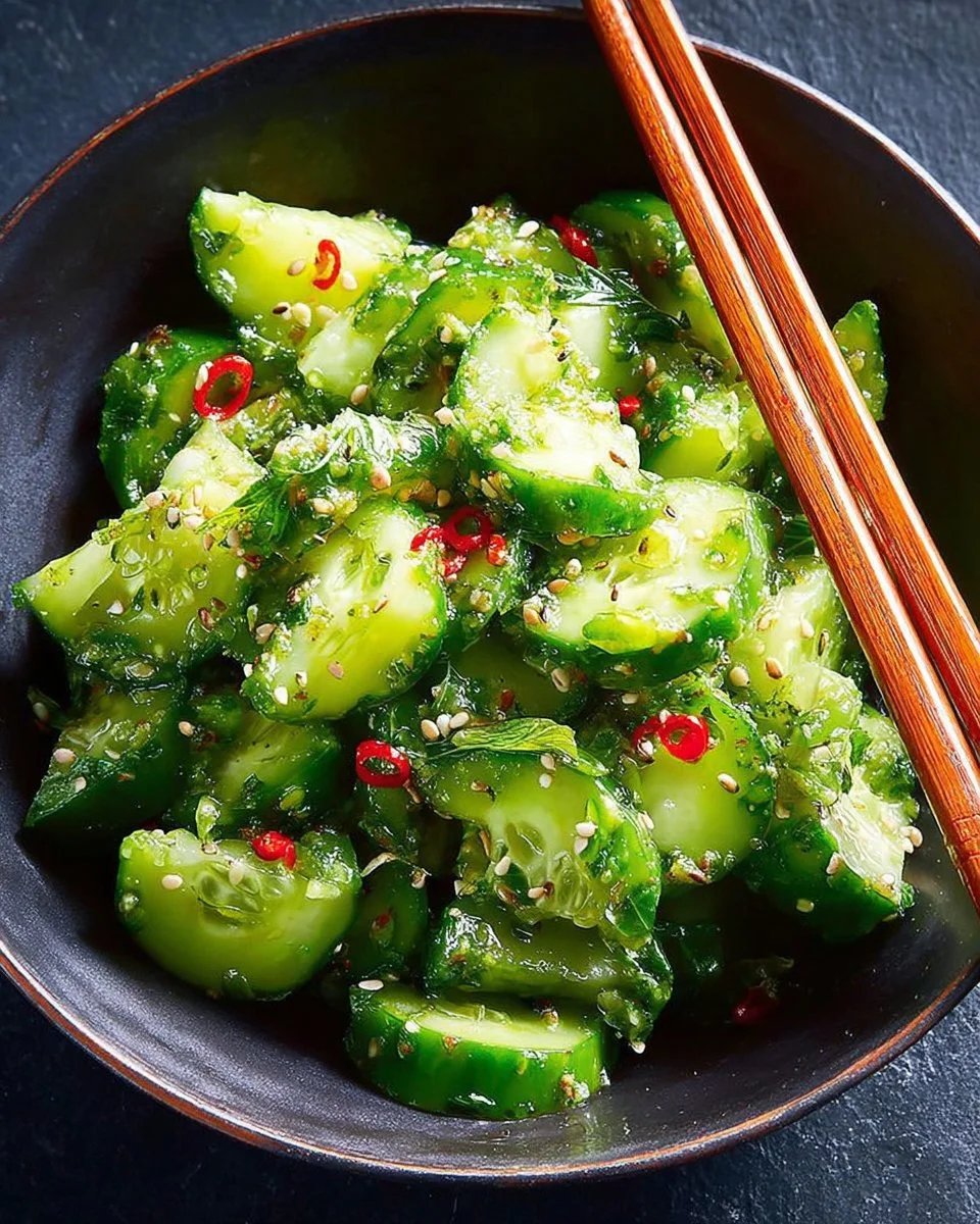 Smashed cucumber salad with fresh herbs and vinaigrette in a bowl