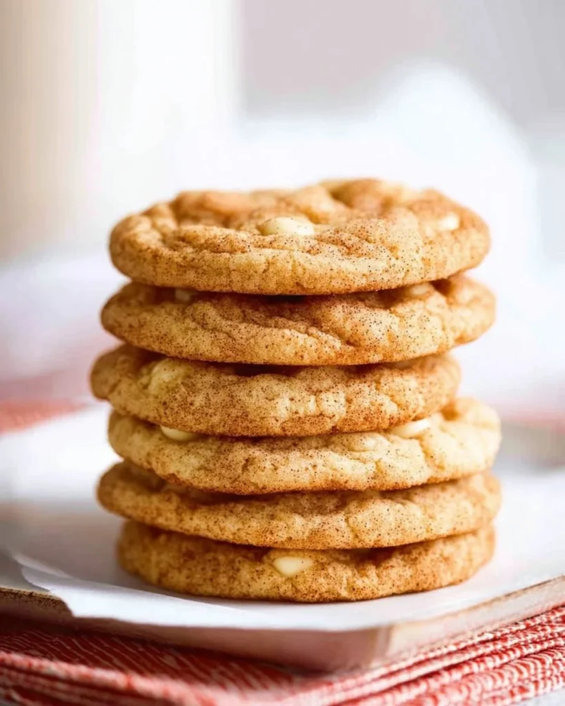 Freshly baked snickerdoodles with white chocolate chips on a baking rack.