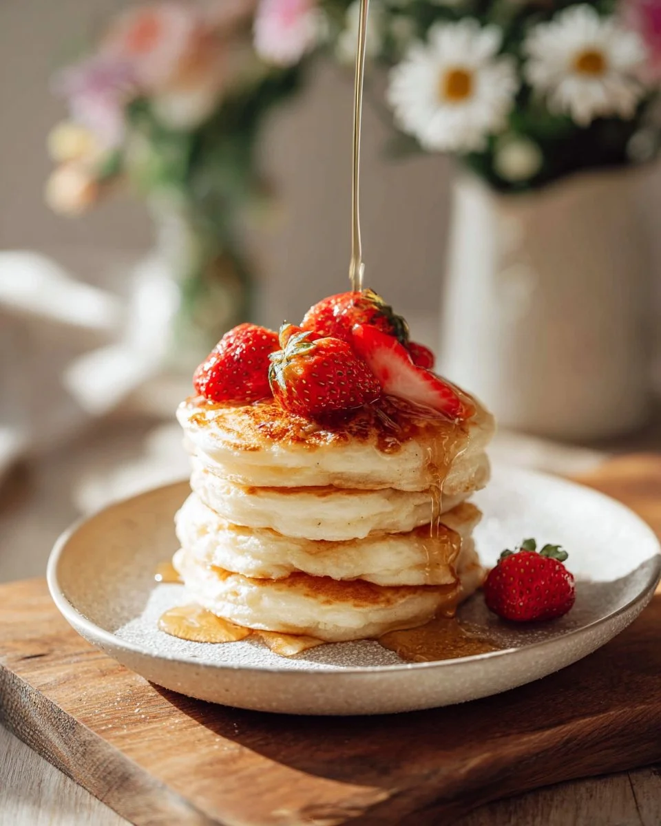 Fluffy Soufflé Pancakes topped with syrup and fresh fruit