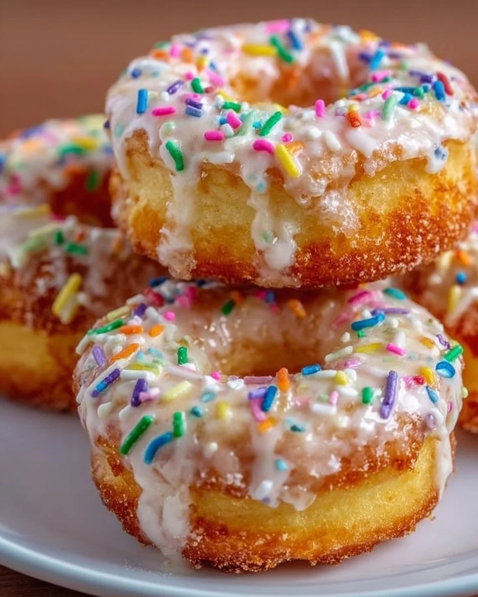 Homemade sour cream cake donuts topped with glaze on a rustic wooden table