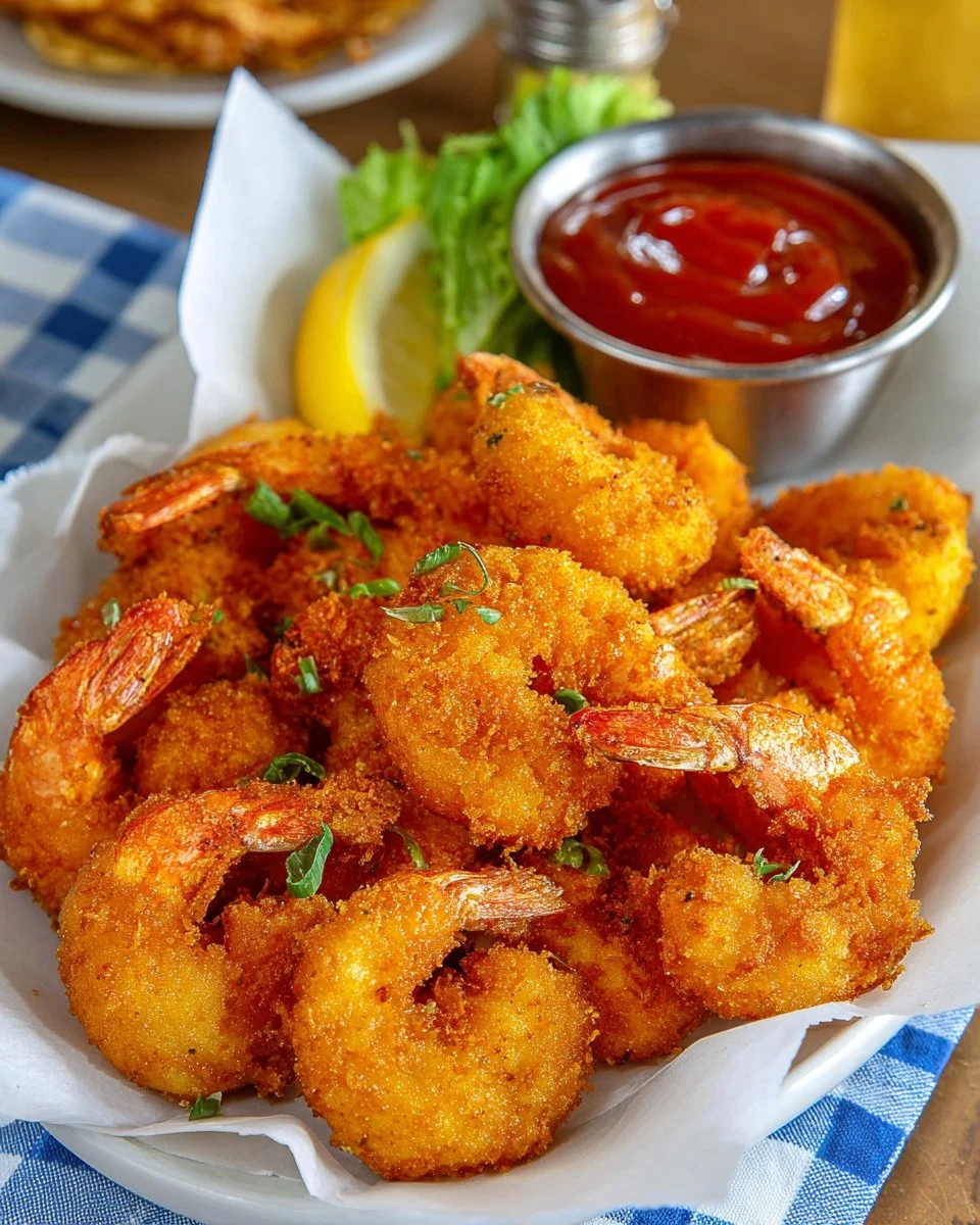 Delicious Southern fried shrimp served with dipping sauce and lemon wedges.