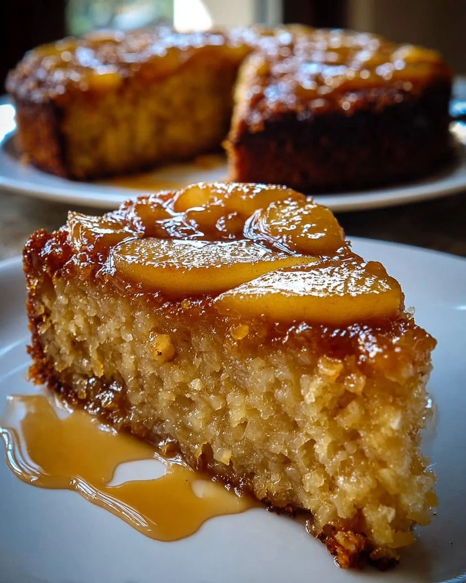 Delicious spiced pear cake with brown sugar glaze served on a rustic plate