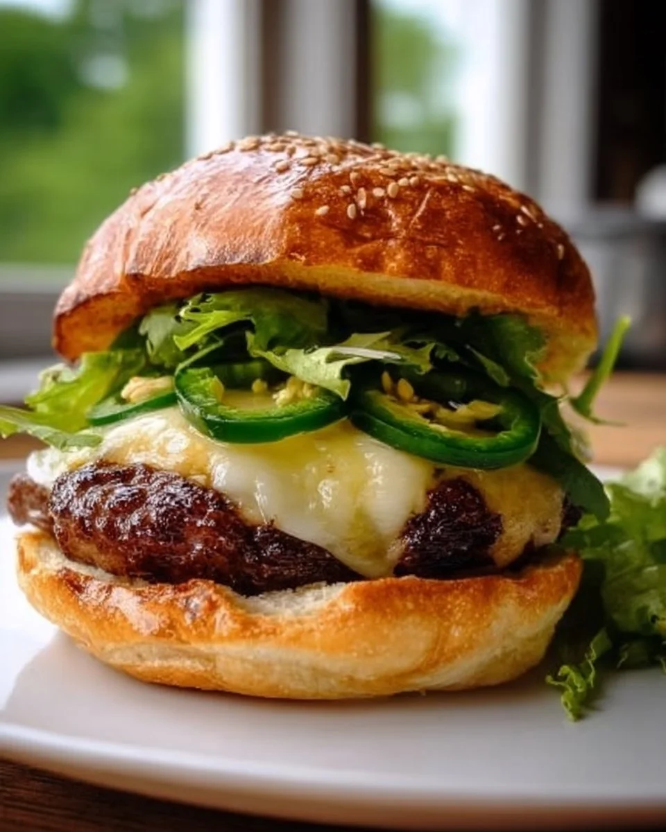 Delicious Spicy Elk Burger topped with fresh jalapeños and served with condiments.