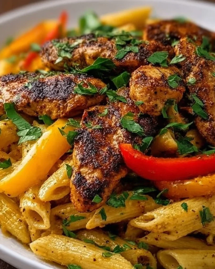 Bowl of Spicy Jerk Chicken Pasta garnished with fresh herbs and spices