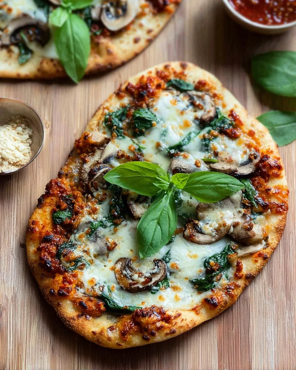 Spinach Mushroom Naan Pizza topped with fresh ingredients and herbs
