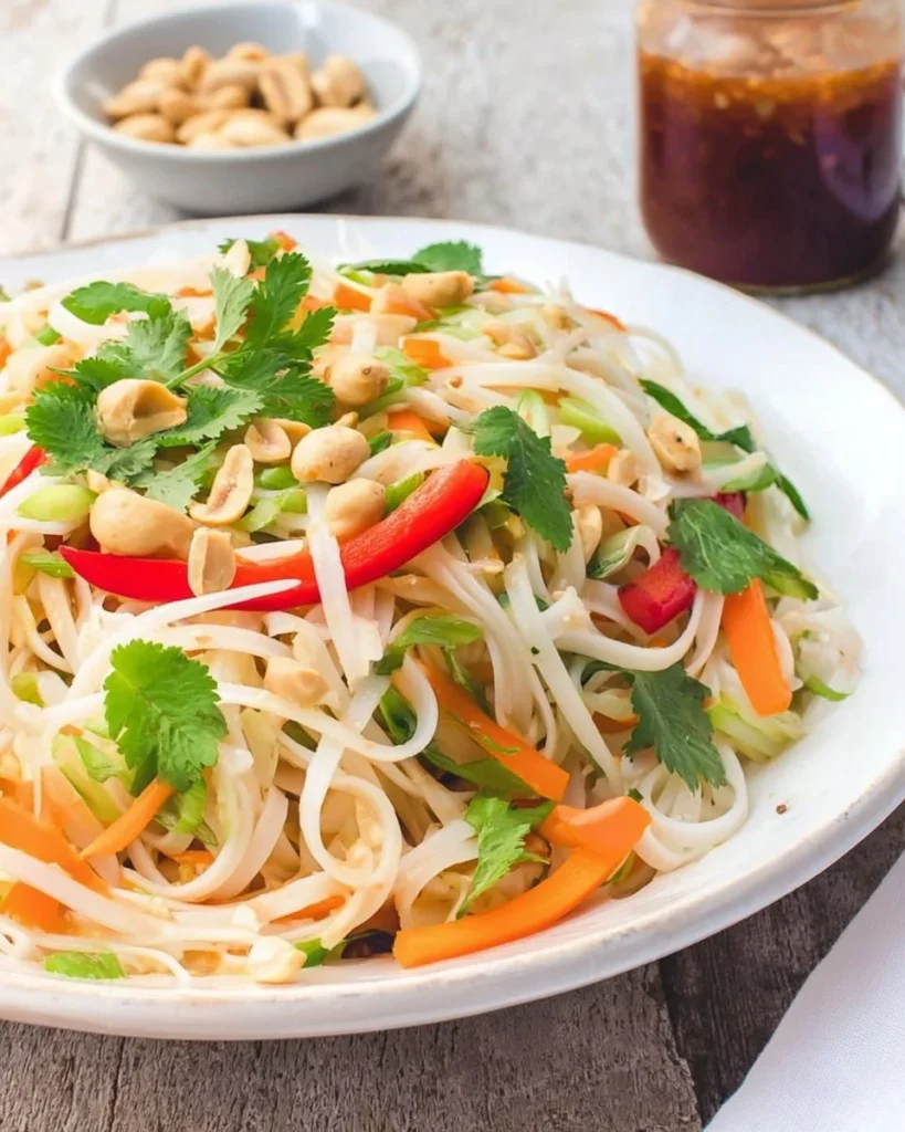 Colorful Spring Roll Salad with Spicy Ginger Dressing on a plate
