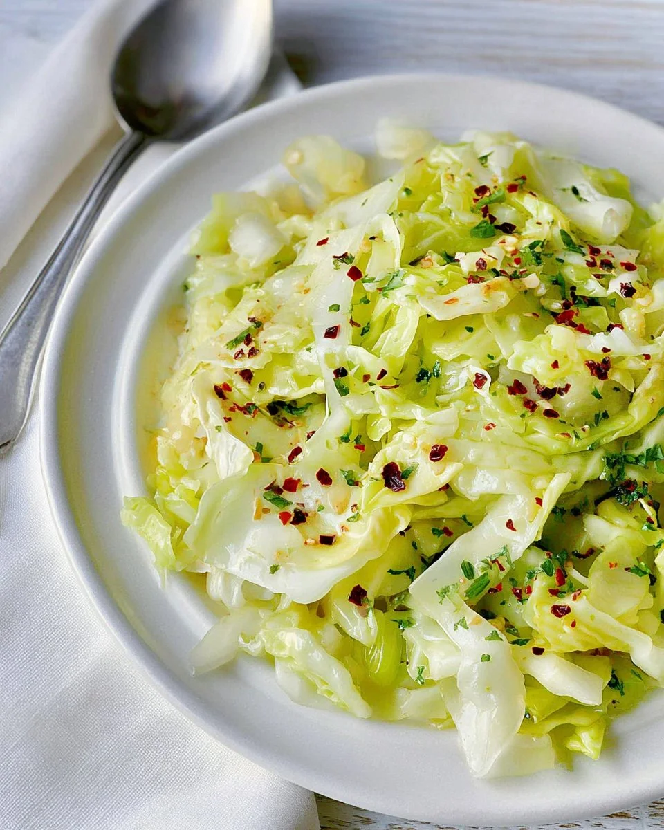 Steamed cabbage with garlic and butter served in a bowl, healthy family meal.