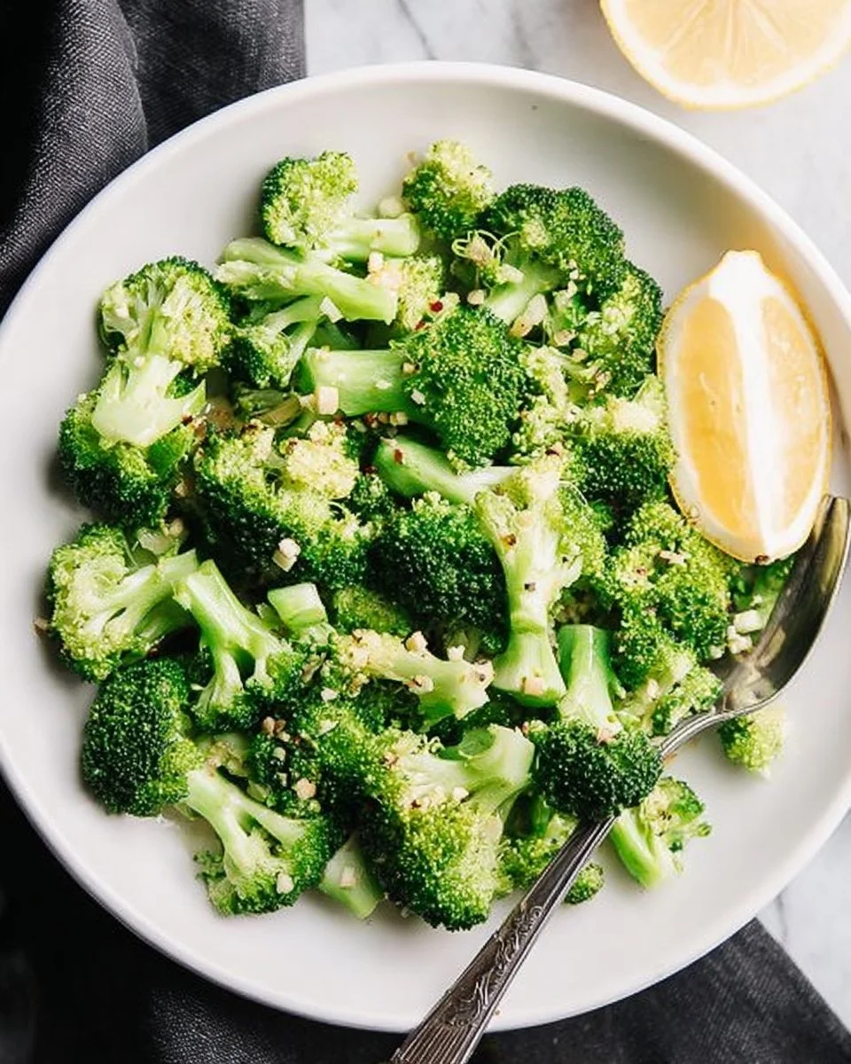 Steamed Lemon Garlic Broccoli served on a plate with lemon slices