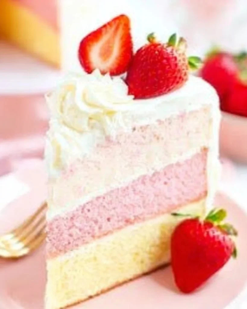 Strawberries and Cream Cheesecake Cake with fresh strawberries on top