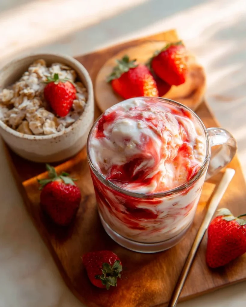 Delicious strawberries and cream overnight oats in a jar with fresh strawberries on top