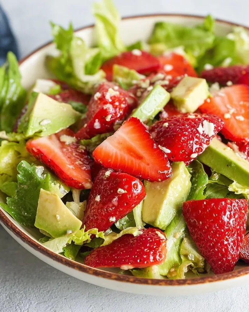 Fresh strawberry avocado salad topped with nuts and dressing