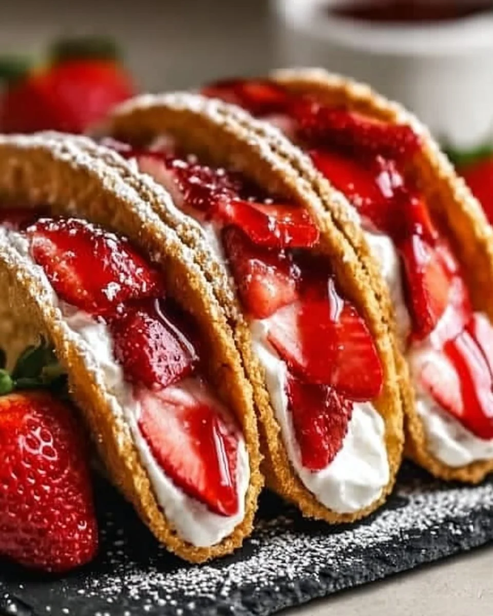 Delicious strawberry cheesecake tacos served as a dessert