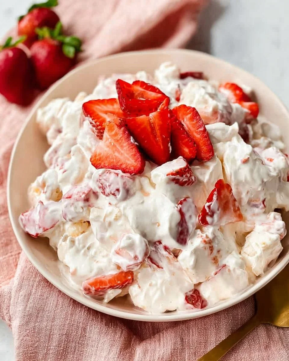 Delicious strawberry cheesecake salad in a bowl, garnished with fresh strawberries