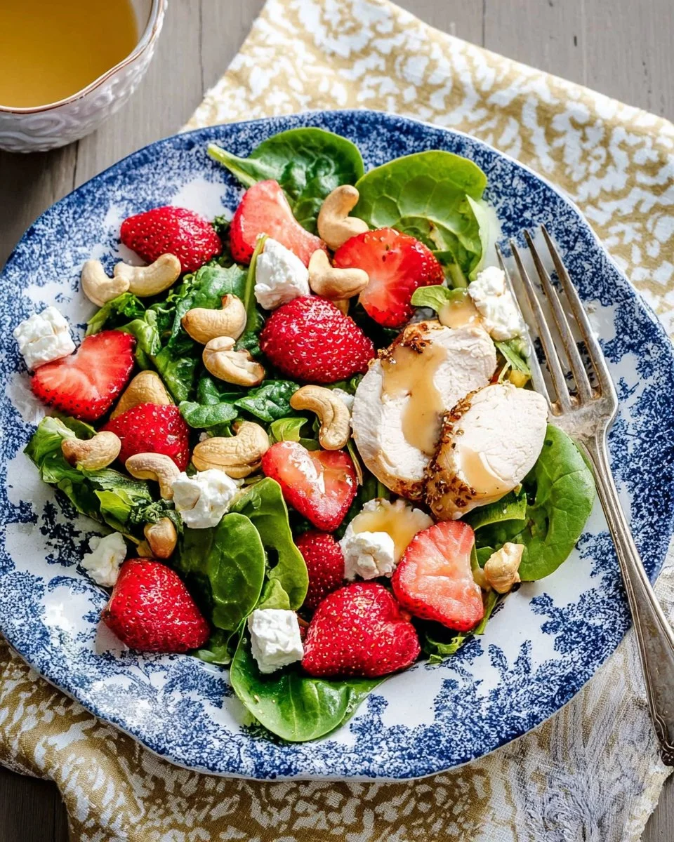 Delicious Strawberry Chicken Salad topped with Goat Cheese