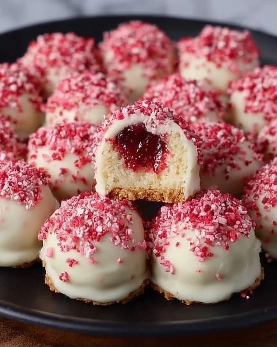 Strawberry Crunch Cheesecake Bites on a dessert platter.
