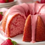 Deliciously moist Strawberry Pound Cake on a white plate with fresh strawberries