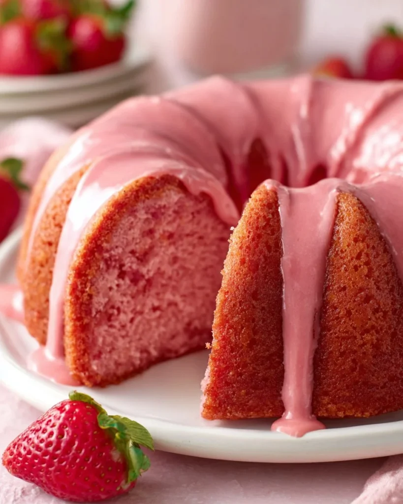 Deliciously moist Strawberry Pound Cake on a white plate with fresh strawberries