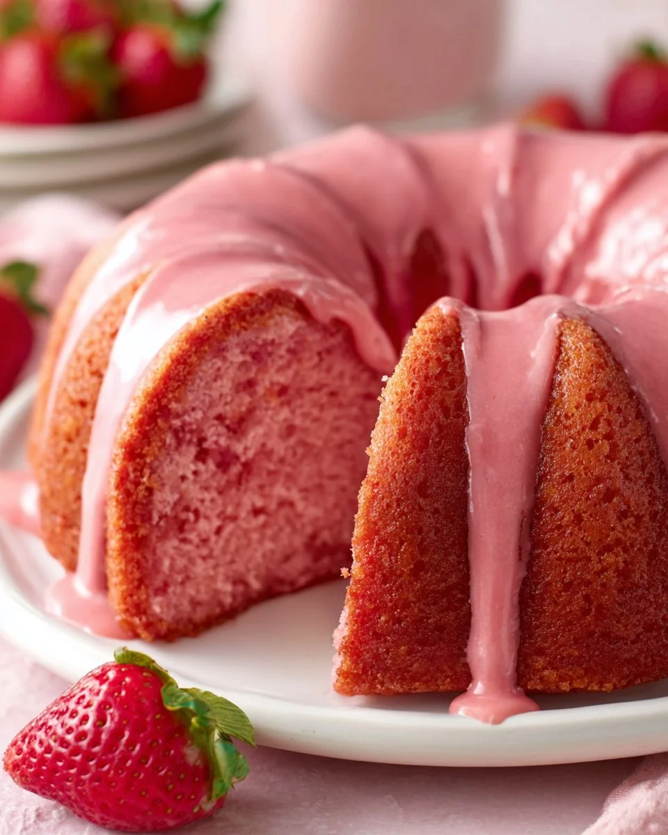Deliciously moist Strawberry Pound Cake on a white plate with fresh strawberries