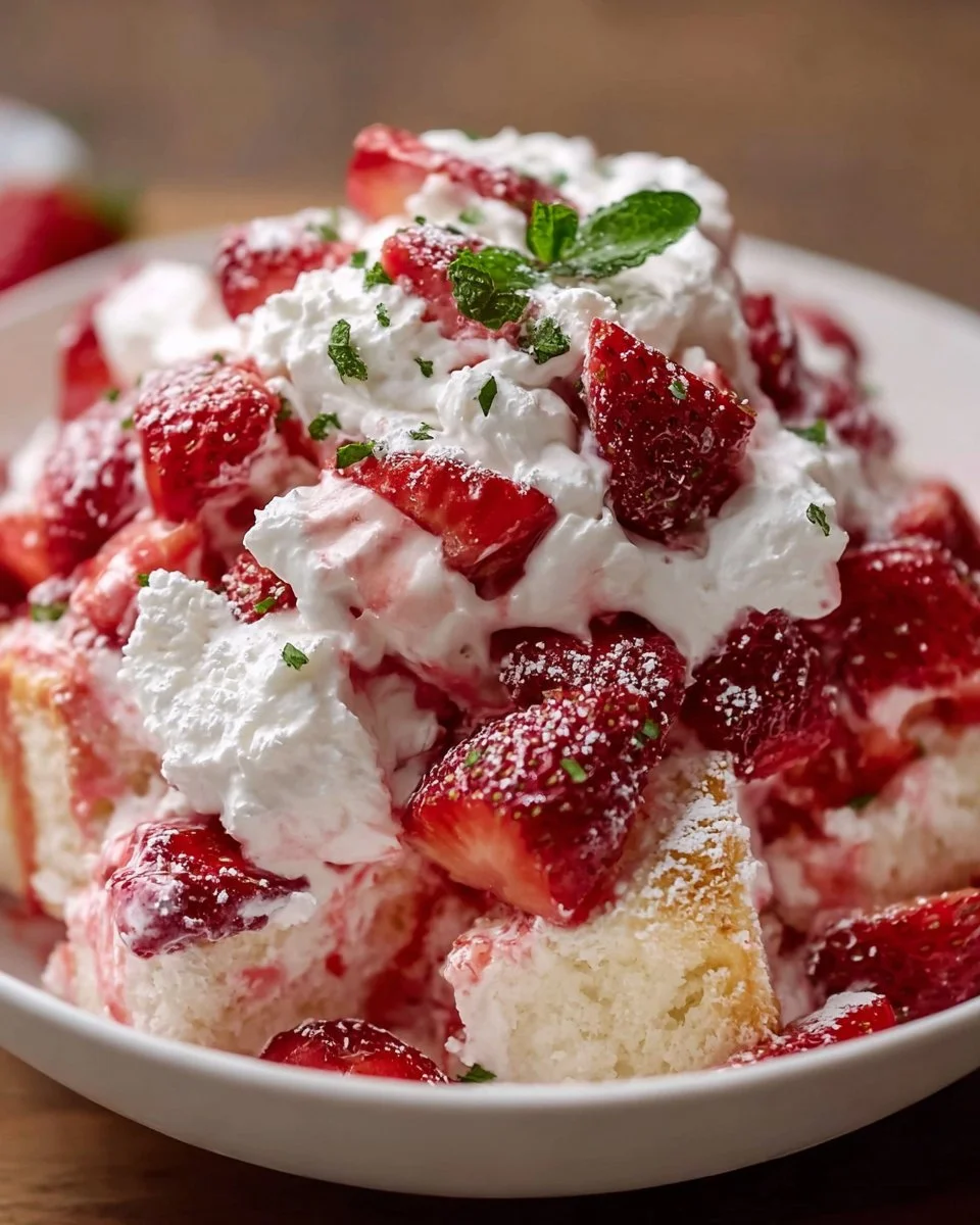 Delicious Strawberry Shortcake Fluff Salad in a bowl, topped with fresh strawberries.