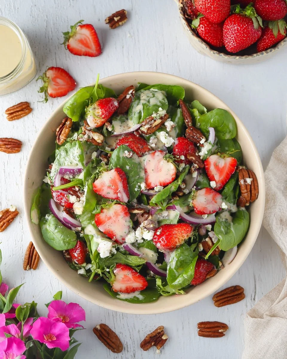 Bowl of strawberry spinach salad with nuts and dressing for a healthy meal