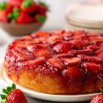 Delicious strawberry upside down cake served on a plate, perfect for families.