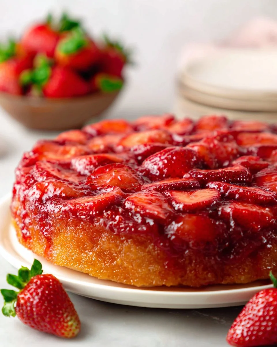 Delicious strawberry upside down cake served on a plate, perfect for families.