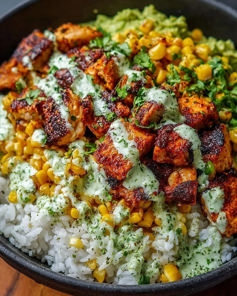 Street corn chicken rice bowl loaded with chicken, corn, and rice for a healthy meal.