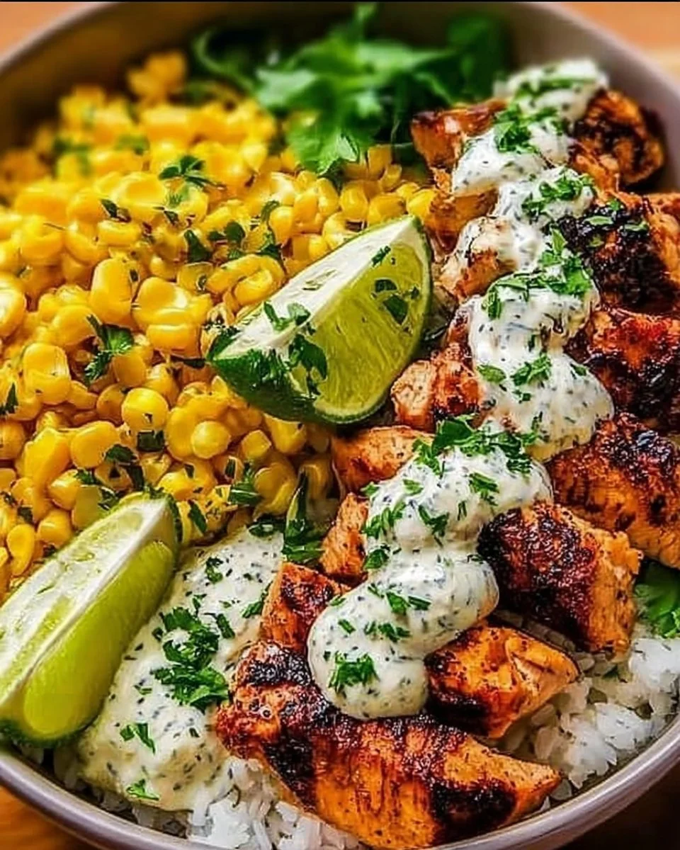 Street corn chicken rice bowl recipe with vibrant ingredients for healthy meals