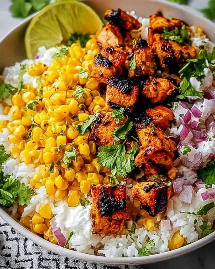 Delicious Street Corn Chicken Rice Bowl topped with vibrant corn and spices