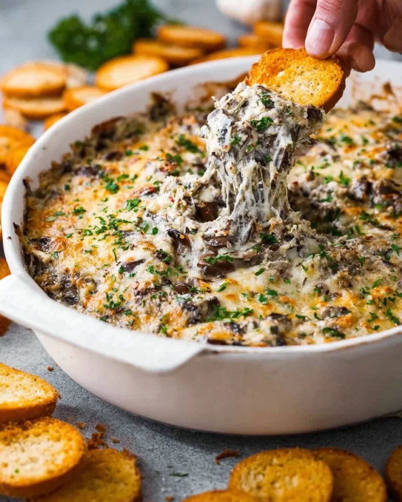 Creamy stuffed mushroom dip served in a bowl with fresh herbs on top.