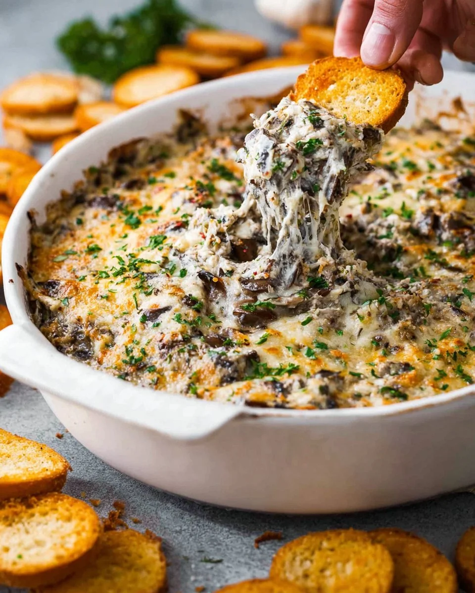 Creamy stuffed mushroom dip served in a bowl with fresh herbs on top.