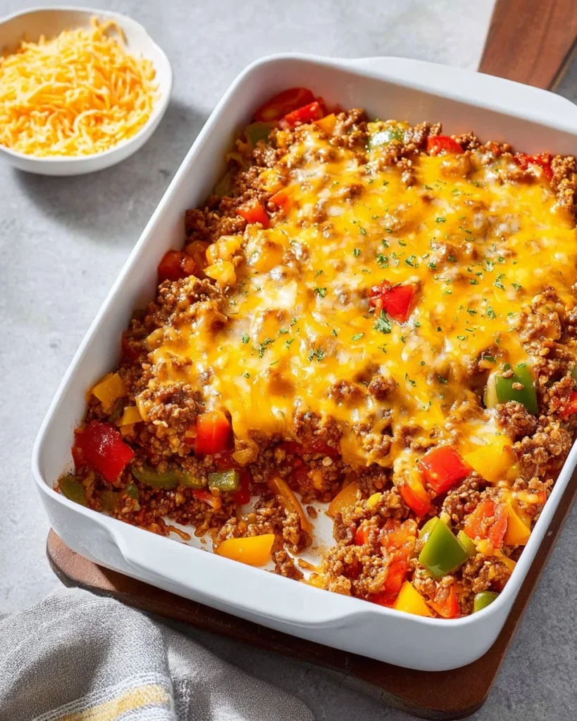 Delicious stuffed pepper casserole served in a bowl with fresh herbs