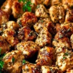Delicious garlic chicken bites served on a platter, garnished with herbs.