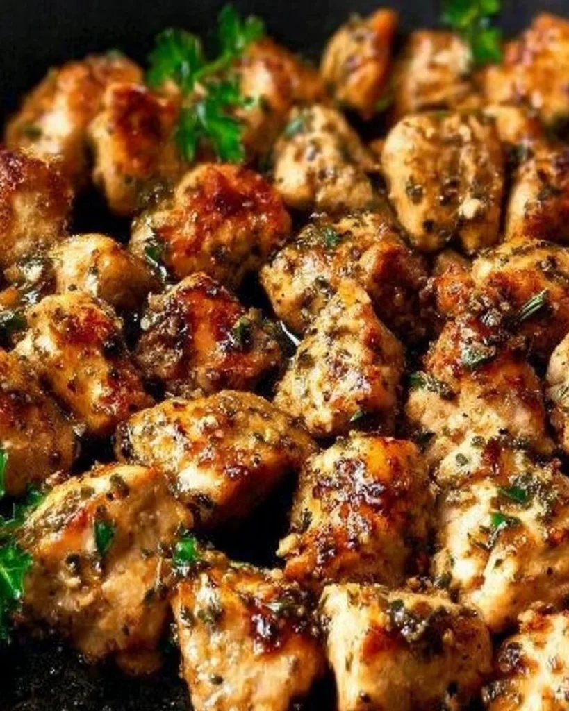 Delicious garlic chicken bites served on a platter, garnished with herbs.