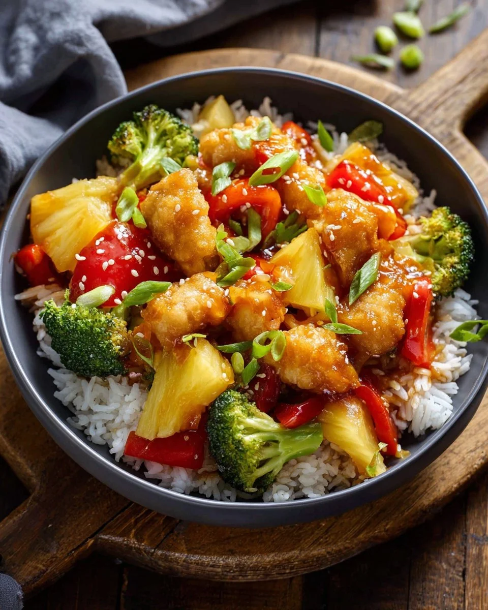 Delicious sweet and sour chicken bowls with vibrant vegetables and rice.