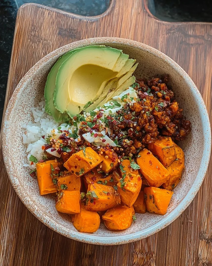 Colorful sweet potato bowl topped with fresh vegetables and protein for a healthy meal.