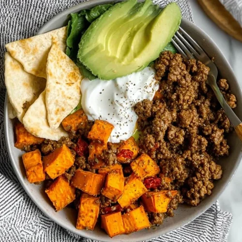 Delicious Sweet Potato Hot Honey Ground Beef Bowl recipe for a healthy meal