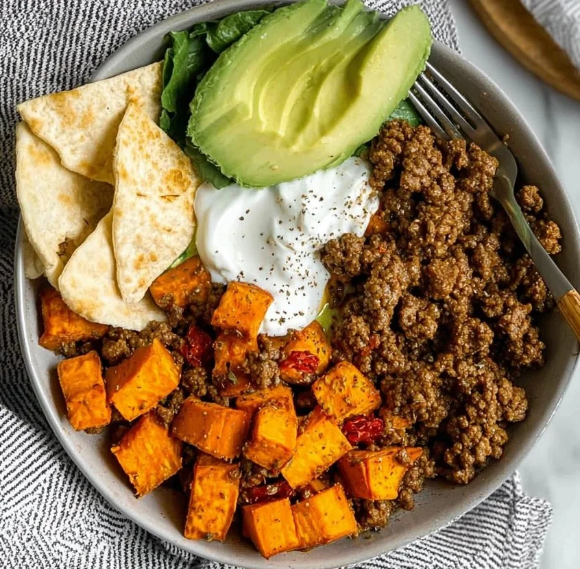Delicious Sweet Potato Hot Honey Ground Beef Bowl recipe for a healthy meal