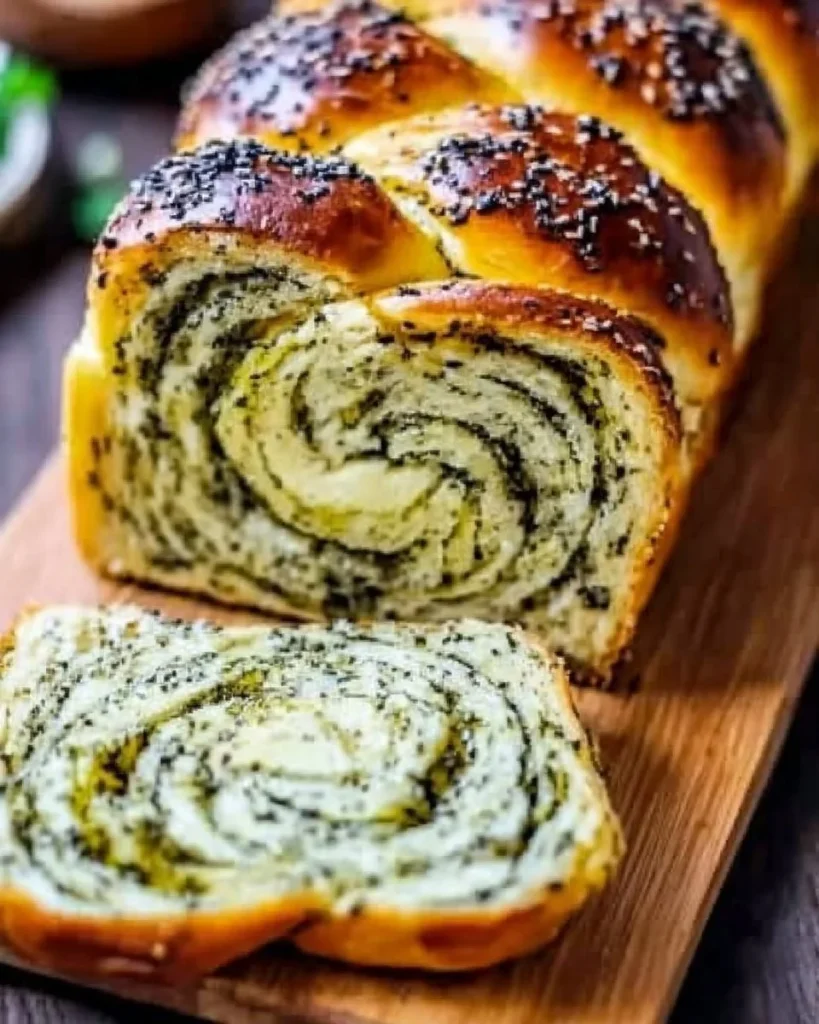 Swirled Garlic Herb Bread fresh out of the oven, showcasing its golden crust and herb swirls.