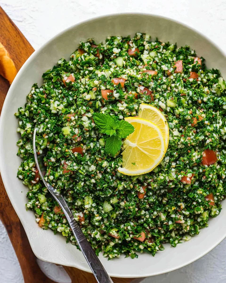 Colorful Tabbouleh salad with parsley, tomatoes, and bulgur wheat for a healthy meal prep.