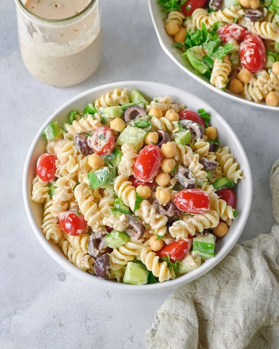 Bowl of Tahini Pasta Salad with fresh vegetables and herbs