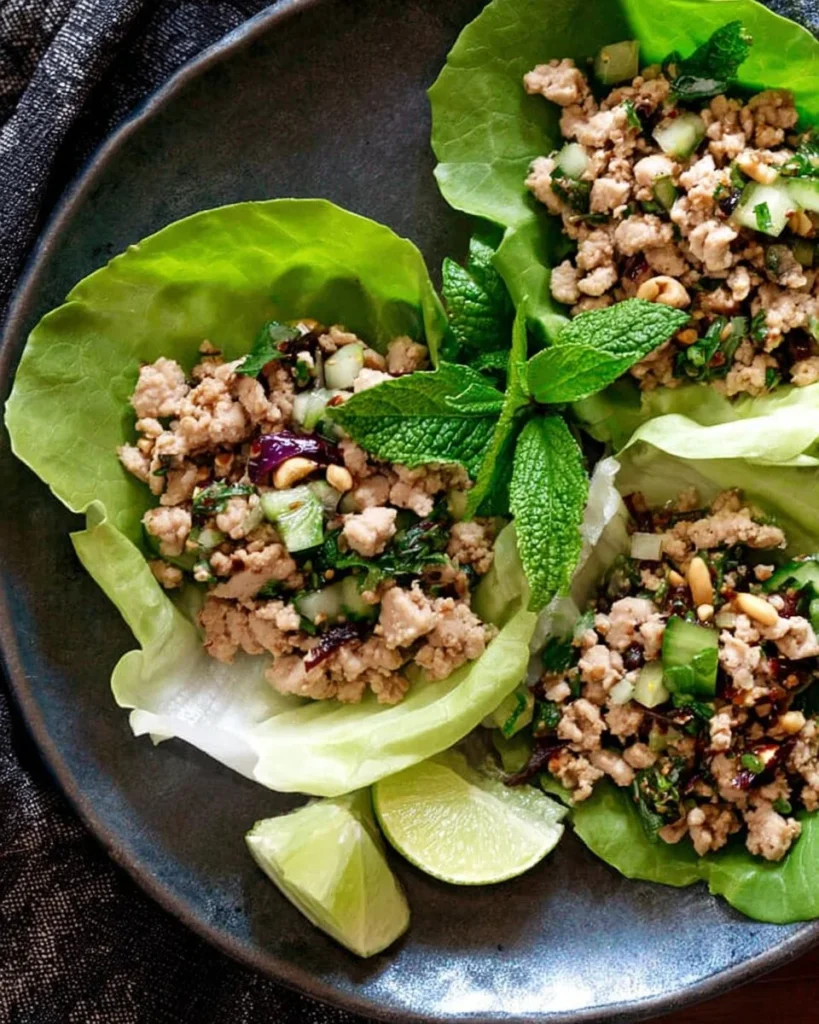 A vibrant bowl of Thai Chicken Larb garnished with herbs and lime.