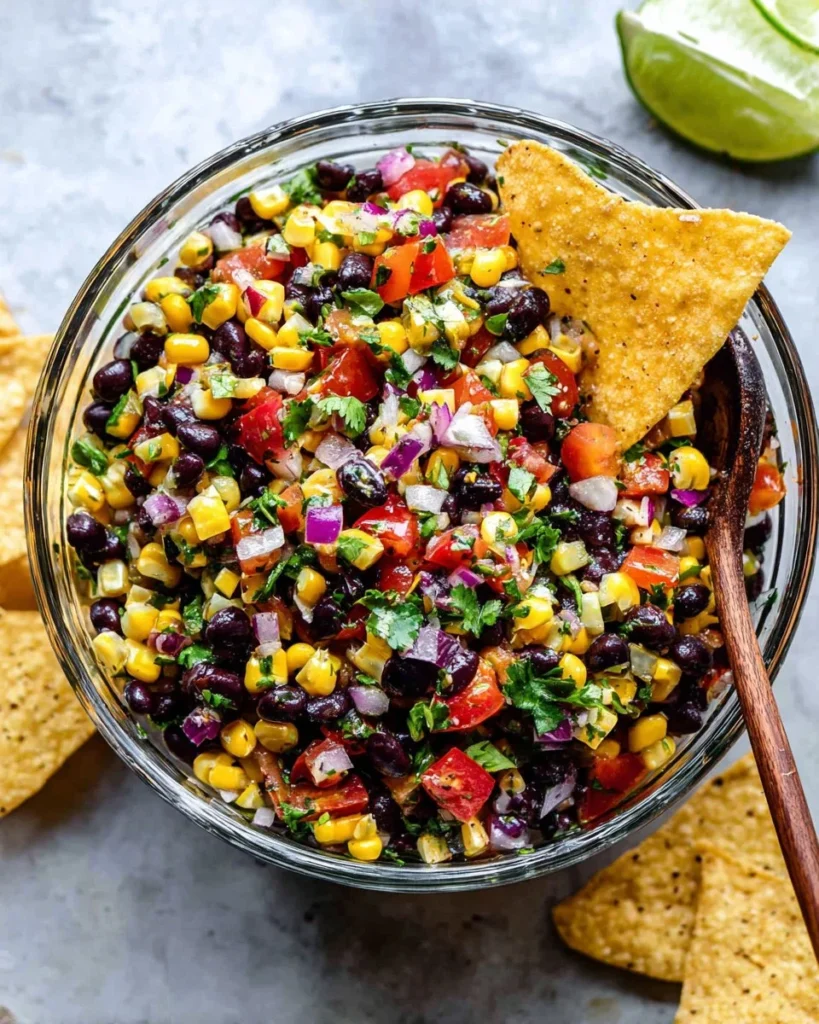 Bowl of vibrant black bean corn salsa with fresh ingredients