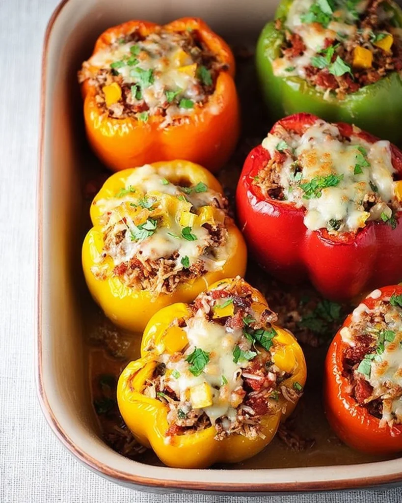 Delicious stuffed bell peppers filled with a high-protein mixture for a healthy meal.